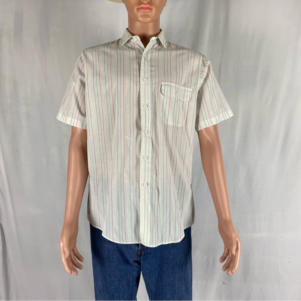 Vintage Union St mens short sleeve multi color pinstripe shirt.